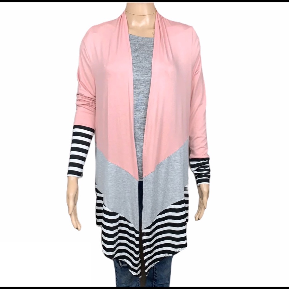 True Self pink and gray cardigan with stripes